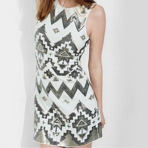 Express Aztec Sequins Cream Mini Dress Sleeveless - Silver and White Size S